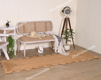 Handmade Jute Scalloped Runner Rug: Natural Fiber Hallway Rug
