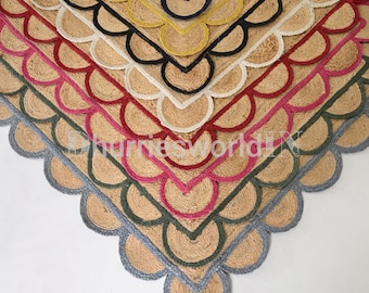 Handwoven Scalloped Jute Rug, Boho Home Decor
