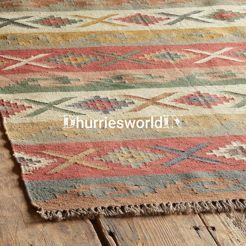 5x8 Wool Jute Kilim Rug, Homedecor Rugs, Coustme Size Wool Rug, Vintage