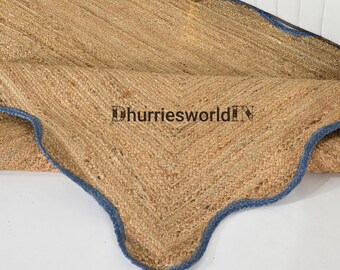 Blue Scallop Jute Rug: Hand Braided Boho Area Rug