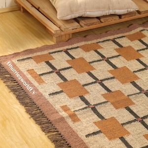 Wool Jute Kilim Rug, Handwoven Wool Jute Rugs Kilim Jute Rug, Flatweave Rug,Bohemian Rug, Indian Dhurrie Rug,Navajo Kilim Rug, Customize Rug