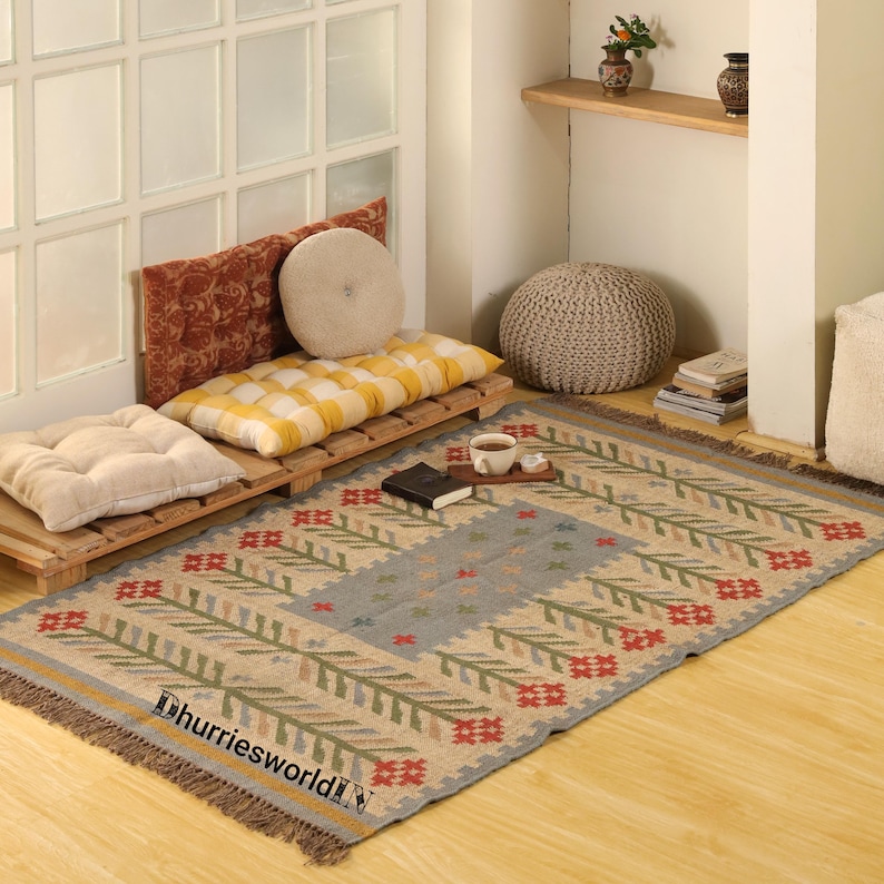 Handwoven Wool Jute Kilim Rug: Traditional Indian Dhurrie 8x10,navajo rug, wool jute rug, doormat rug, eco friendly rug, modern kilim rug, outdoor indoor rug, bohemian rug, chunky wool jute rug, flatweave rug, handmade kilim rug, home decor rug, multicolor kilim rug, turkish kilim rug