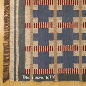 Blå peruansk matta handgjord vintage geometrisk ulljute kelimmatta, handvävd, handgjord ull- och jutematta, kelim dhurrie