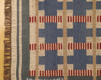 Blue Peruvian Rug Handmade Vintage Geometric Wool Jute Kilim Rug, Handwoven, Wool and Jute Rug Handmade, Kilim Dhurrie