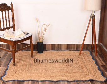 Handmade Jute Rug: Bohemian Scalloped Edge, Natural Fiber Area Rug