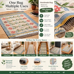 May include: A rectangular handmade rug crafted from wool and jute, featuring a cream-colored base with a repeating floral pattern in red and green. The rug has a blue and yellow border with fringed edges and a thickness of 3 to 5 mm.
