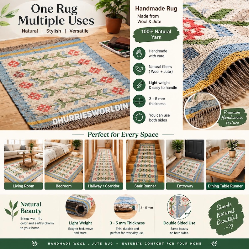 May include: A rectangular handmade rug crafted from wool and jute, featuring a cream-colored base with a repeating floral pattern in red and green. The rug has a blue and yellow border with fringed edges and a thickness of 3 to 5 mm.