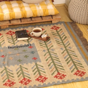 Handmade Wool and Jute Kilim Dhurrie Rug Traditional Indian Design,wool jute rug, indoor rug, southwestern rug, area rug, area rug boho, flatweave rug, handmade rug, kilim rug, outdoor patio rug, rugs for bedroom, rugs for living room, runner rug, wool rug