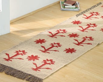Handmade Wool Jute Kilim Runner Rug, Red Flower Stair Runner, Boho Hallway Rug, Handwoven Entryway Runner, Rustic Farmhouse Decor, Color