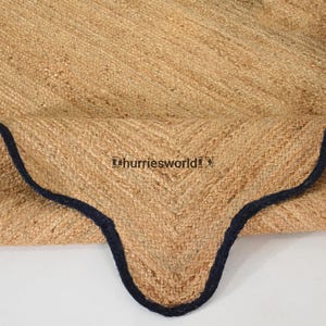 Boho Chic Navy Blue Wavy Border Jute Rug - Natural Fiber Area Rug  Scallop Rug, Boho Rug,Bohemian Rug,Scallop Rug,Handwoven Custom Size Rug