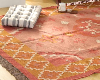 Vintage Style Wool Jute Kilim Rug – Handmade Pink Tribal Boho Area Rug for Living Room, Nursery & Farmhouse