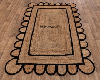 Corredor de alfombra festoneado de yute natural con borde negro, alfombra trenzada, alfombra boho, alfombra de área de yute tejida a mano, alfombra decorativa de alfombra personalizada de alfombra de yute boho