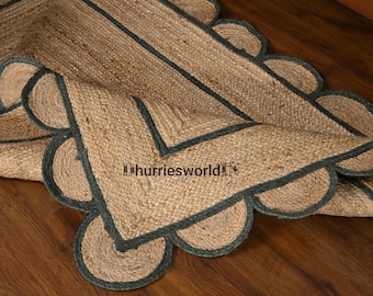 Emerald Green Scalloped Jute Rug: Handbraided Boho Area Rug