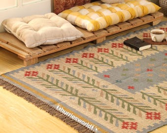 Handwoven Wool Jute Kilim Rug, Floral Tree Design Flatweave Area Rug, Beige Blue Green Tribal Rug For Living Room, Bedroom, Dining Area,