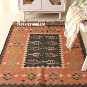 Handwoven Wool Jute Kilim Rug, Tribal Geometric Boho Area Rug, Natural Fiber Handmade Rug, Living Room Decor