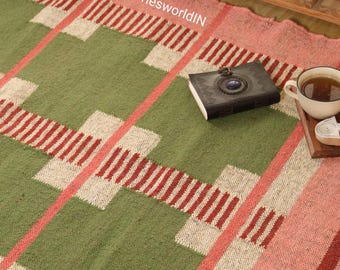 Swedish Kilim Runner Rug, Olive Green and Pink Nordic Wool Scandinavian Hallway Kitchen decor Handmade Vintage Geometric Wool Jute Kilim Rug