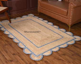 Handmade Jute Rug with Scalloped Blue Border, Natural Fiber Area Rug