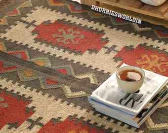 Handwoven Wool Jute Kilim Rug, 5x8 Boho Area Decor, Multicolor Geometric Pattern Coustme Size Wool Rug, Vintage Area Rug, Boho Decor Rug