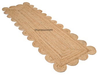 Hand Braided Jute Runner Rug – Scalloped Bohemian Rug, Custom Size