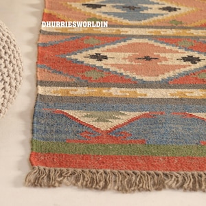 Handvävd kelimmatta i ulljute, bohemisk tribal hallmatta, geometrisk trappmatta, sydvästlig plattvävd entrématta