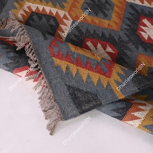 Kilim Rug, Handwoven, Wool and Jute Rug Handmade, Kilim Dhurrie Rug, Traditional Indian jute Area rug