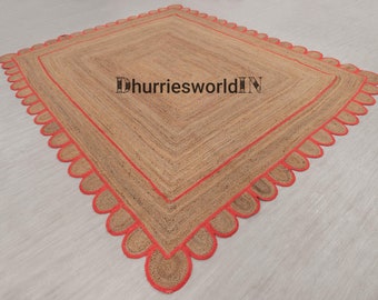 Alfombra de yute natural con borde rojo - Alfombra de yute boho, Alfombra de corredor de yute, Alfombra de corredor de fibra natural, Alfombra trenzada de yute, Alfombra de tamaño personalizado