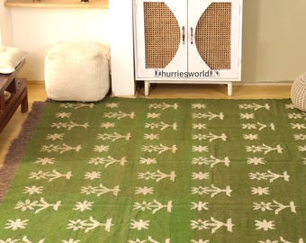 Ręcznie tkany kilim, wełna i juta, zielony, kolorowy dywan