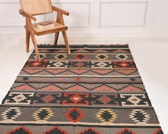 Alfombra tradicional india tejida a mano en lana, alfombra plana, decoración de suelo duradera hecha a mano, alfombra de acento boho.