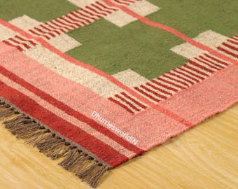 Green Peruvian Rug Handmade Vintage Geometric Wool Jute Kilim Rug, Handwoven, Wool and Jute Rug Handmade, Kilim Dhurrie