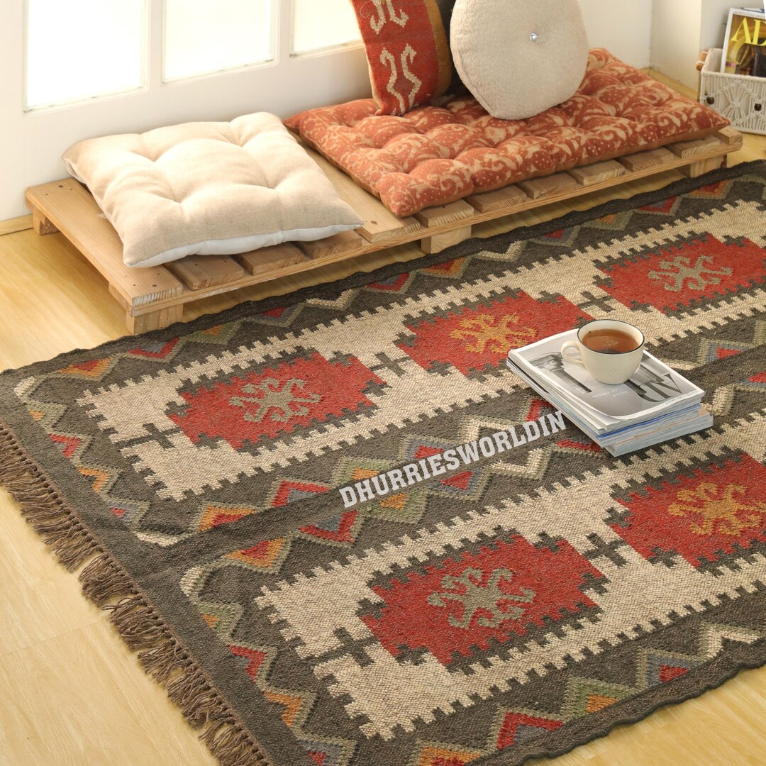 Handwoven Wool Jute Kilim Rug: Tribal Geometric Boho Area Carpet Rustic ...
