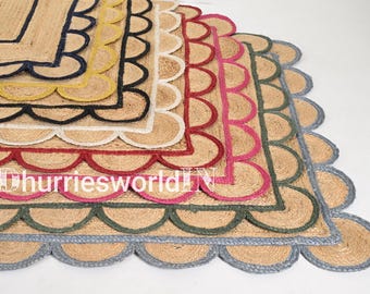 Handwoven Scalloped Jute Rug, Natural Fiber Area Rug, Custom Size