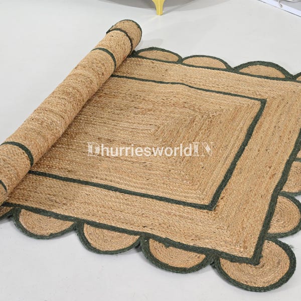 Natural Fiber Area Rug with Emerald Green Scalloped Jute Rug,  Boho Chic, Scallop pattern Rug, Jute Rug, Handbraided Rug, Custom Rug,
