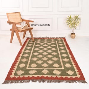 Kilim Rug, Handwoven, Wool and Jute Rug Handmade, Kilim Dhurrie Rug, Traditional Indian jute Area rug