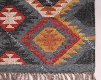 Handwoven Wool Jute Kilim Rug: Indian Dhurrie, Bohemian Decor