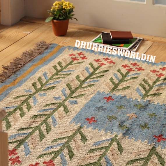 Handwoven Flower Wool Jute Kilim Rug Tribal Area Rug, Boho Flatweave Carpet, Rustic Farmhouse Floor Decor for Living Room, Bedroom  Entryway