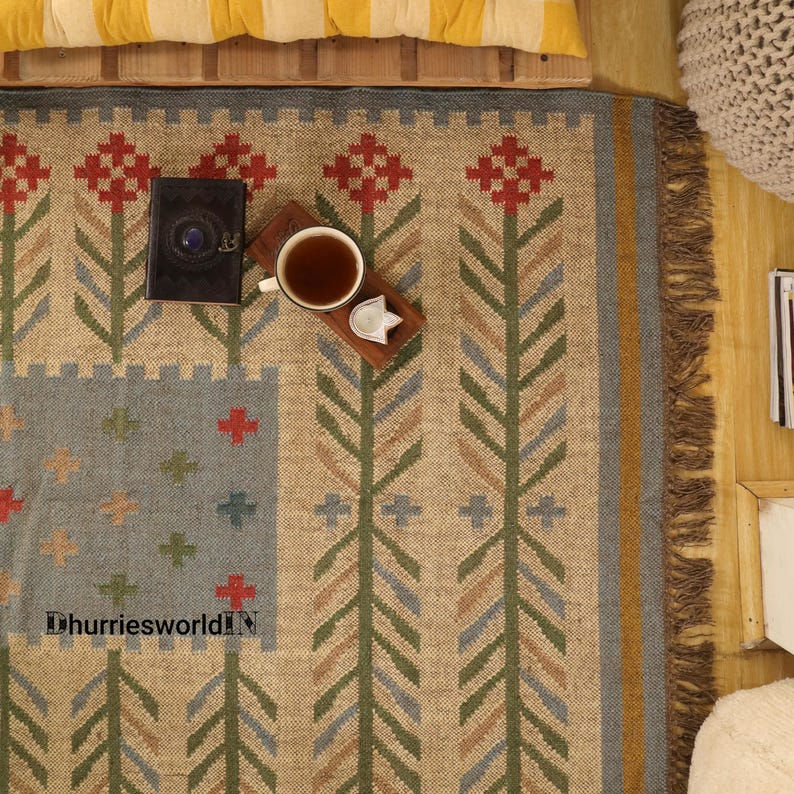 Vintage Wool Jute Kilim Rug, Handwoven, Wool and Jute Rug Handmade, Kilim Dhurrie Rug, Traditional Indian jute Area rug,traditonal kilim rug, handmade jute rug, jute rug, wool jute rug, 4x6 kilim rug, najavo kilim rug, eco friendly rug, flatweave jute rug, handwoven rug, bohemian rug, kilim carpet, multicolour rug, turkish kilim rug