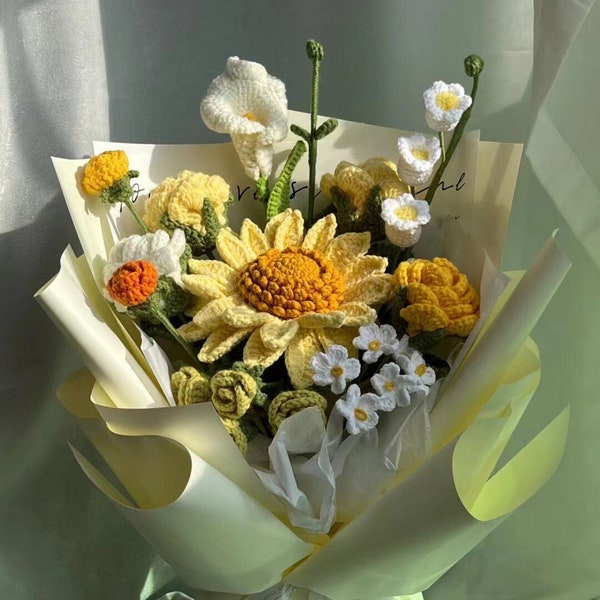 Häkelblumen, gehäkelte Sonnenblume, handgemachte Rosenblumen, gestrickte Blumen Bouquet, Jubiläumsgeschenk für sie, Muttertagsgeschenk, Abschlussgeschenk