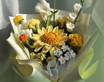 Flores de ganchillo, girasol de ganchillo, flores de rosas hechas a mano, ramo de flores de punto, regalo de aniversario para ella, regalo del Día de la Madre, regalo de graduación