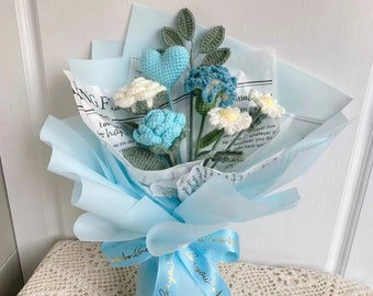 Bouquet de fleurs au crochet, fait à la main, cadeau personnalisé pour petite amie, décoration de la maison, fleur bleue tricotée, fleur bleue, fleur pour toujours