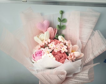 Bouquet de fleurs au crochet, fait à la main, cadeau personnalisé pour petite amie, décoration de la maison, fleur rose tricotée, fleur rose, fleur pour toujours