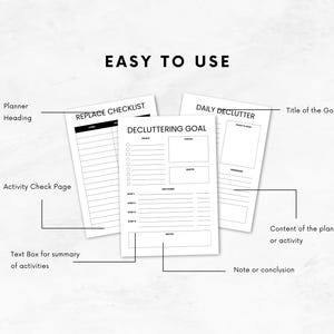 May include: A black and white printable planner with sections for daily decluttering, replacing items, and setting decluttering goals. The planner includes sections for "Done", "Focus", "Quote", "Reminders", "Steps", "Sections", and "Notes".