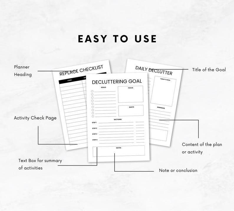 May include: A black and white printable planner with sections for daily decluttering, replacing items, and setting decluttering goals. The planner includes sections for "Done", "Focus", "Quote", "Reminders", "Steps", "Sections", and "Notes".