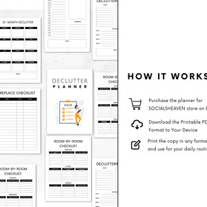 May include: A printable decluttering planner with a black and white design. The planner includes a 12-month decluttering checklist, a replace checklist, and a room-by-room checklist. The planner also includes a how-it-works section with instructions on how to purchase, download, and print the planner.