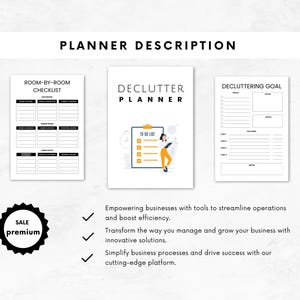 May include: A printable decluttering planner with a checklist for each room of the house, a to-do list, and a section for decluttering goals. The planner features a cartoon illustration of a person holding a checklist.