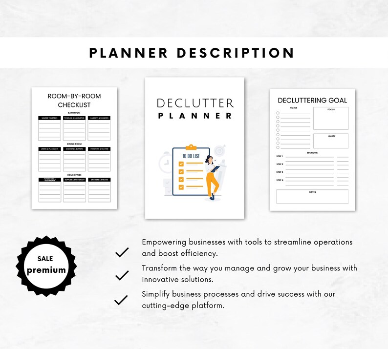 May include: A printable decluttering planner with a checklist for each room of the house, a to-do list, and a section for decluttering goals. The planner features a cartoon illustration of a person holding a checklist.