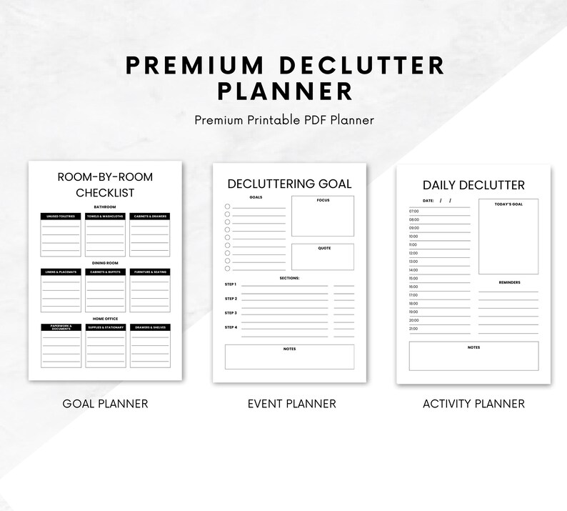 May include: A printable PDF planner with four sections: Room-by-Room Checklist, Decluttering Goal, Event Planner, and Daily Declutter. Each section has a black and white design with blank spaces for writing.