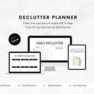 May include: A digital planner with a black and white design. The planner includes a 12-month calendar, a daily declutter page, and a declutter planner page. The text "MADE IN Canva" is in a circle at the top left of the image.