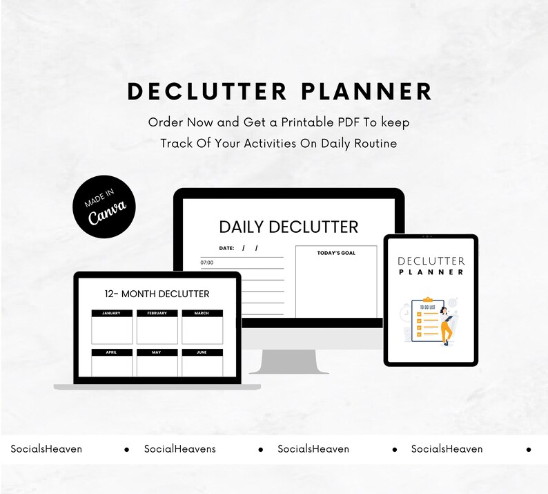 May include: A digital planner with a black and white design. The planner includes a 12-month calendar, a daily declutter page, and a declutter planner page. The text "MADE IN Canva" is in a circle at the top left of the image.