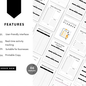 May include: A printable decluttering planner with six different checklists, including a daily declutter, room-by-room checklist, and a replace checklist. The planner features a black and white design with a simple and modern aesthetic.