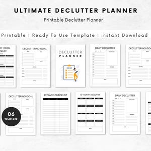 May include: A printable decluttering planner with six templates. The templates include a room-by-room checklist, decluttering goals, daily decluttering, a replace checklist, a 12-month decluttering plan, and a to-do list.